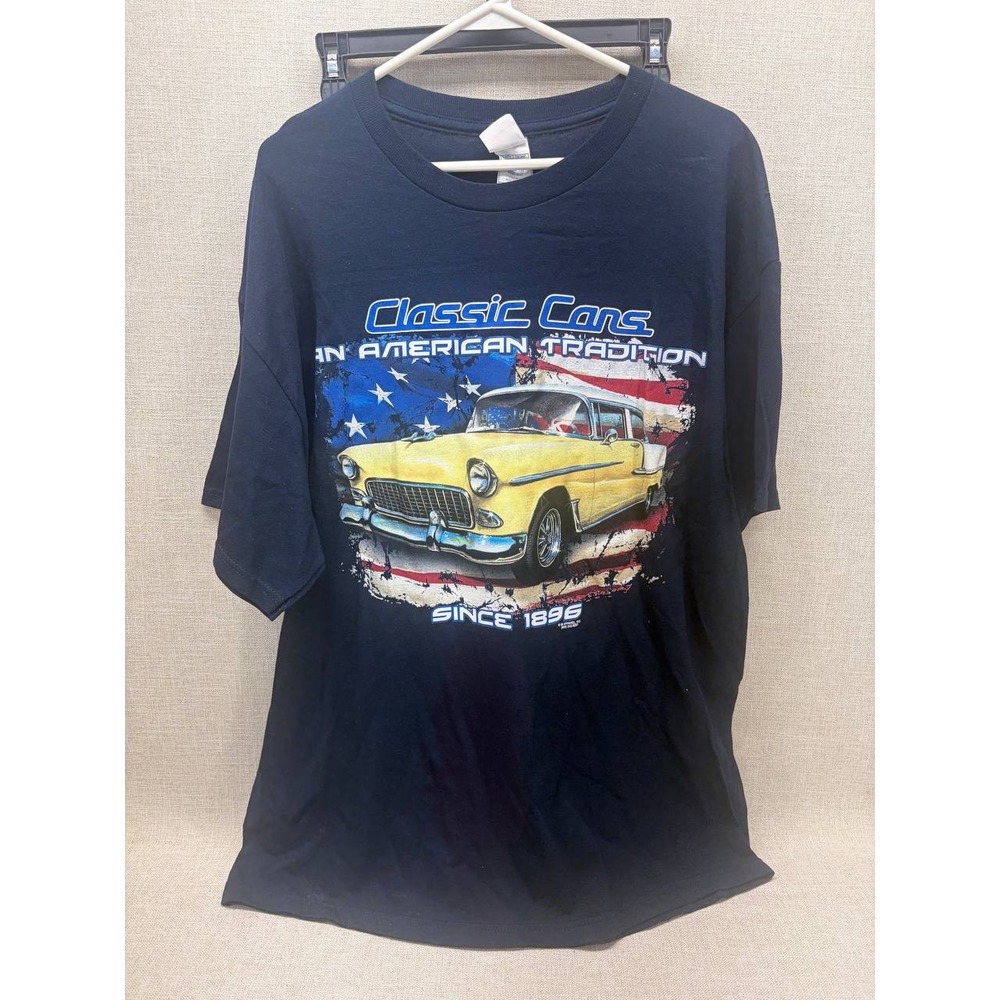 Gildan Classic Cars An American Tradition T-Shirt XL Navy Blue Vintage Style Car